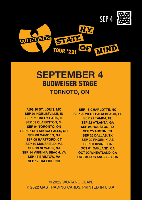 Wu Tang Clan Toronto September 4, 2022 Exclusive GAS Trading Card