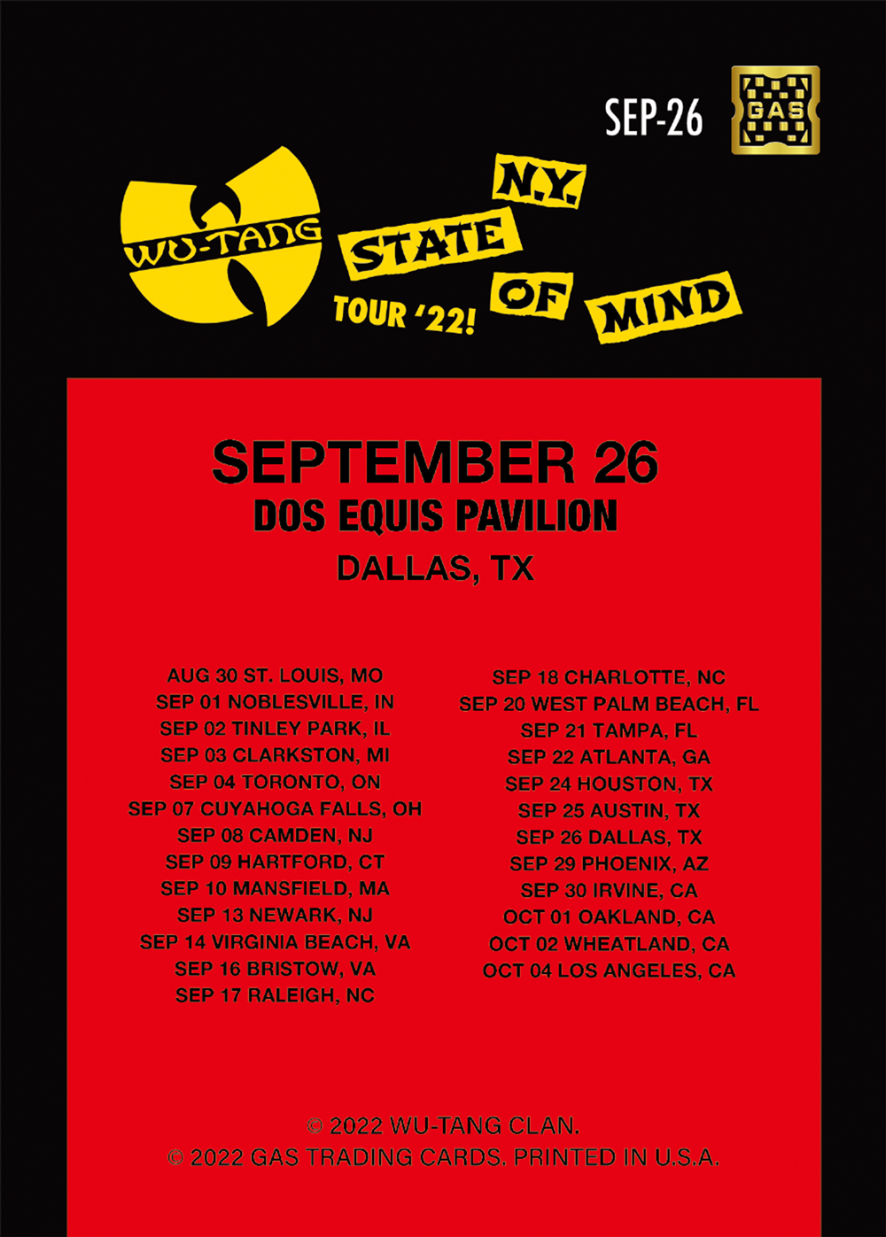 Wu Tang Clan Dallas September 26, 2022 Exclusive GAS Trading Card