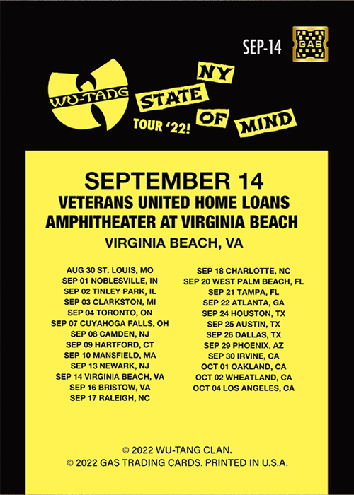 Wu Tang Clan Virginia Beach September 14, 2022 Exclusive GAS Trading Card